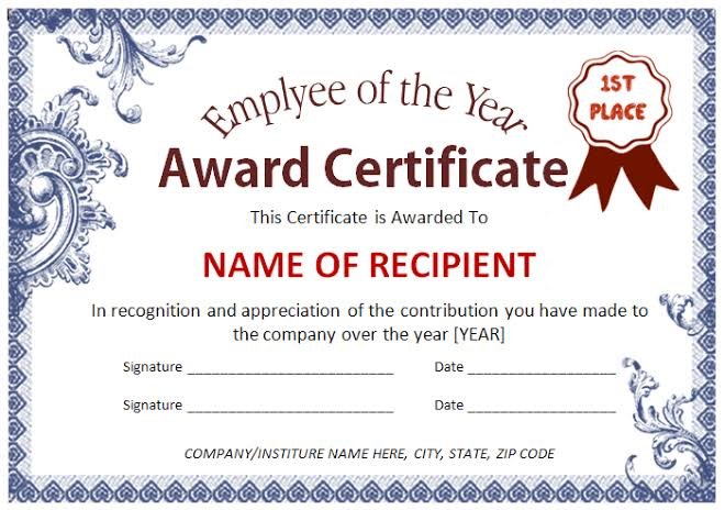 Award certificate — Excellence in Patient Care Award